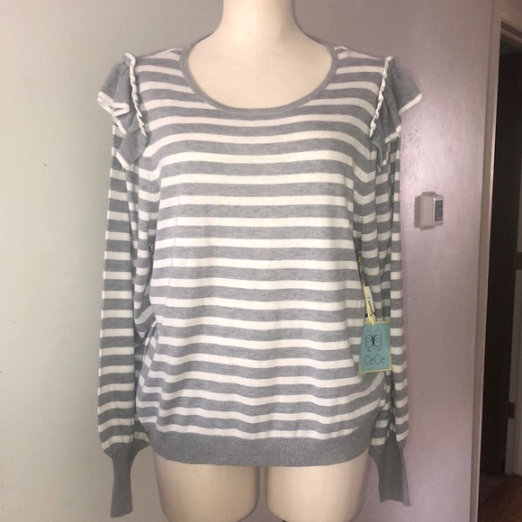 CeCe Sweaters - CECE Gray Striped Ruffle Shoulder Sweater XXL NWT